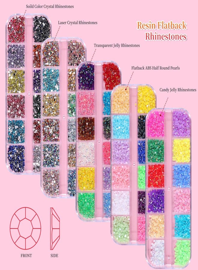 editTime 5 Boxes 13200pcs Sparkling Crystal Nail Rhinestones Pearls Kit, Flatback Multicolor Transparent Jelly AB Mermaid Gems with Pick Up Pen and Curved Tweezers for Manicure Salon & Craft DIY Designs (2mm) - Image 3